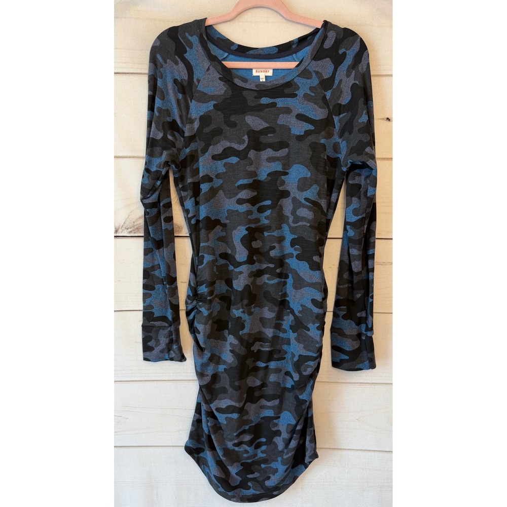 Sundry Blue Camo Ruched French Terry Long Sleeve Mini Dress Size 3 L